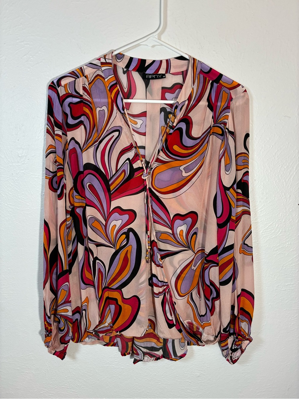 Pink Abstract Print Tie-Front V-Neck Blouse medium high to low sheer